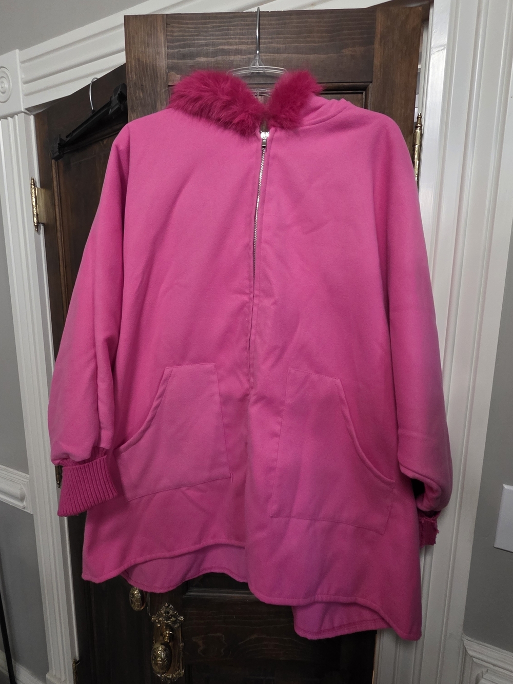 Women's Pink Hooded Coat with Faux Fur Trim One Size